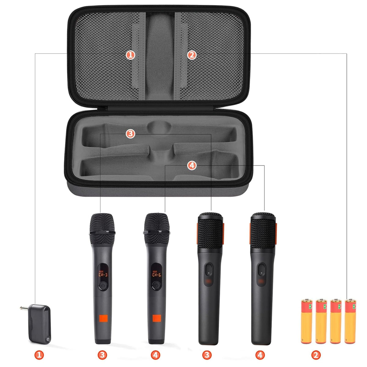 Open dark gray for JBL PartyBox wireless microphone case with dual mic compartments and battery storage