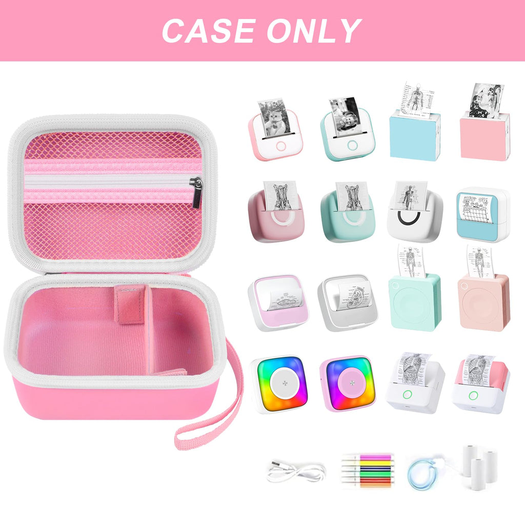 Open pink mini label printer case shown with compatible for Memoking and for Phomemo printers; case only