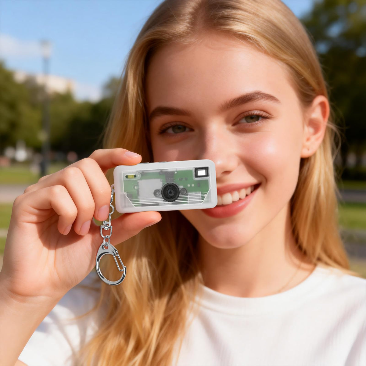 Clear white silicone case for Kodak Charmera keychain camera shown with a woman holding the camera on its keychain