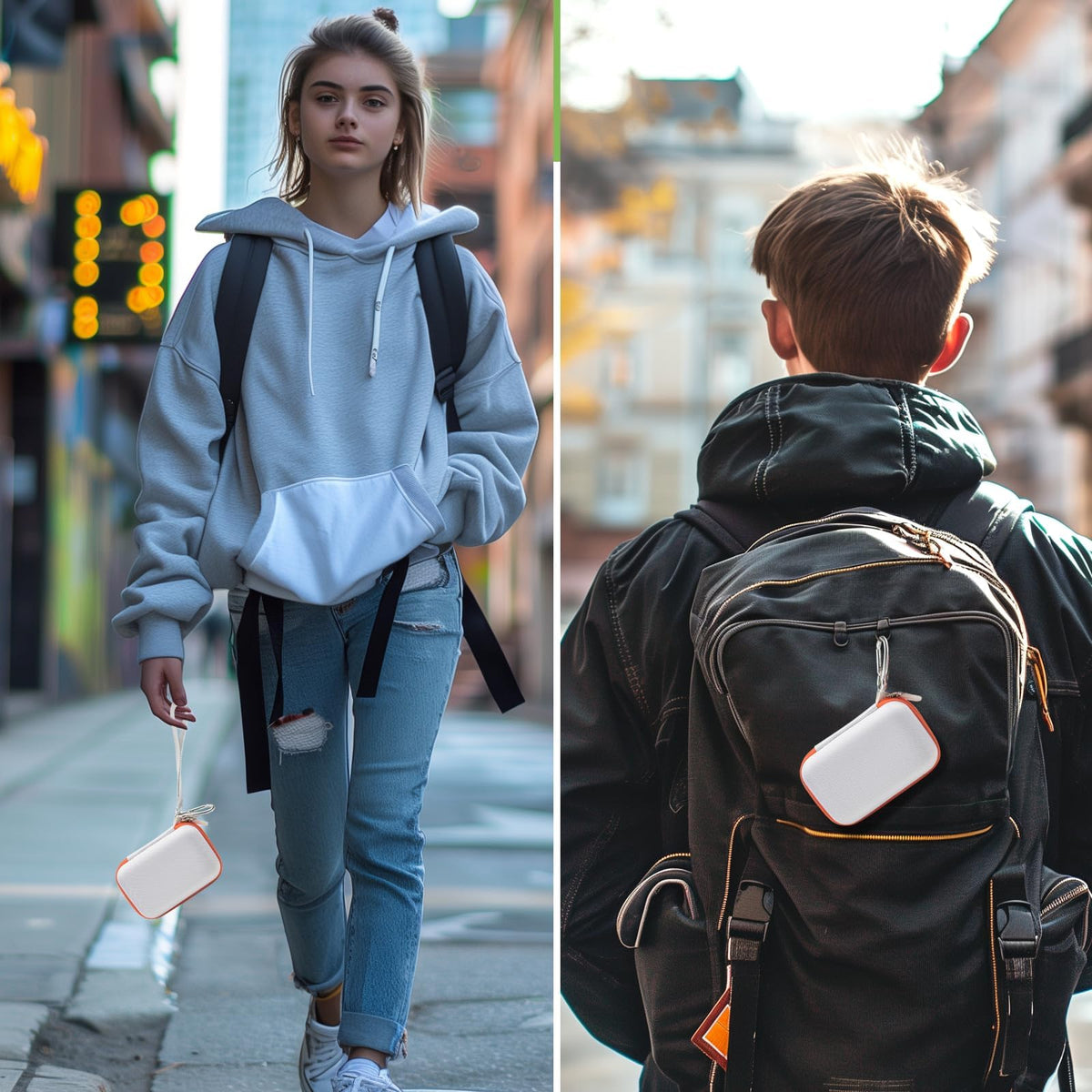 White and orange for JBL Go speaker case carried by hand and attached to a backpack