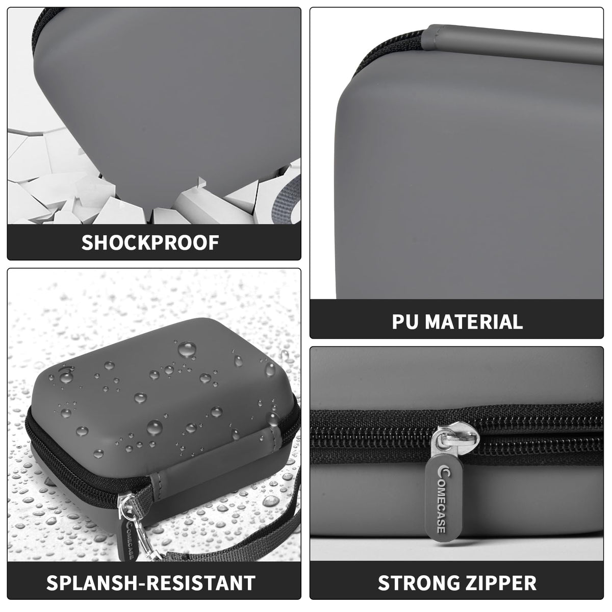 Gray camera case interior with elastic strap, mesh pocket, foam insert, and shock-absorbing padding