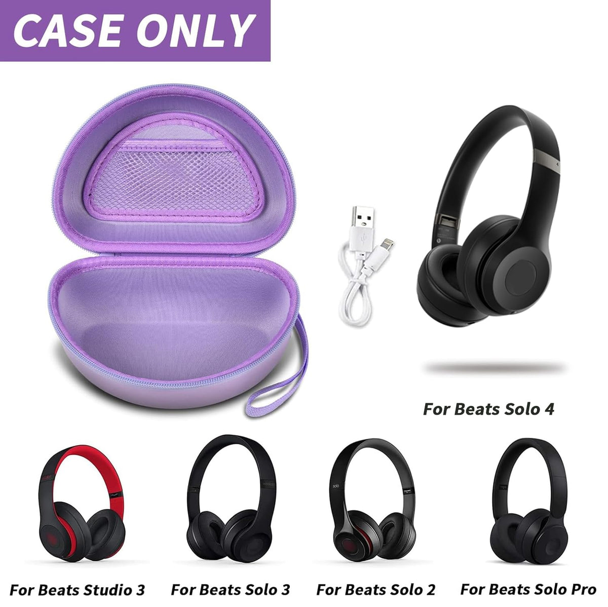 Open purple foldable headphone case shown with compatible for Beats Solo and Studio headphones; case only