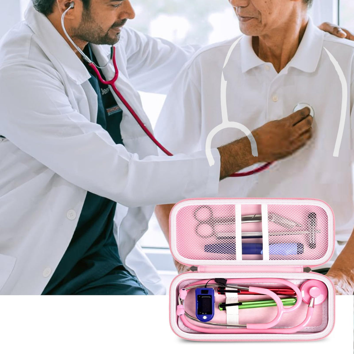 Open pink checkered stethoscope organizer case shown during a patient examination
