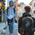 Blue and orange for JBL Go speaker case carried by hand and attached to a backpack