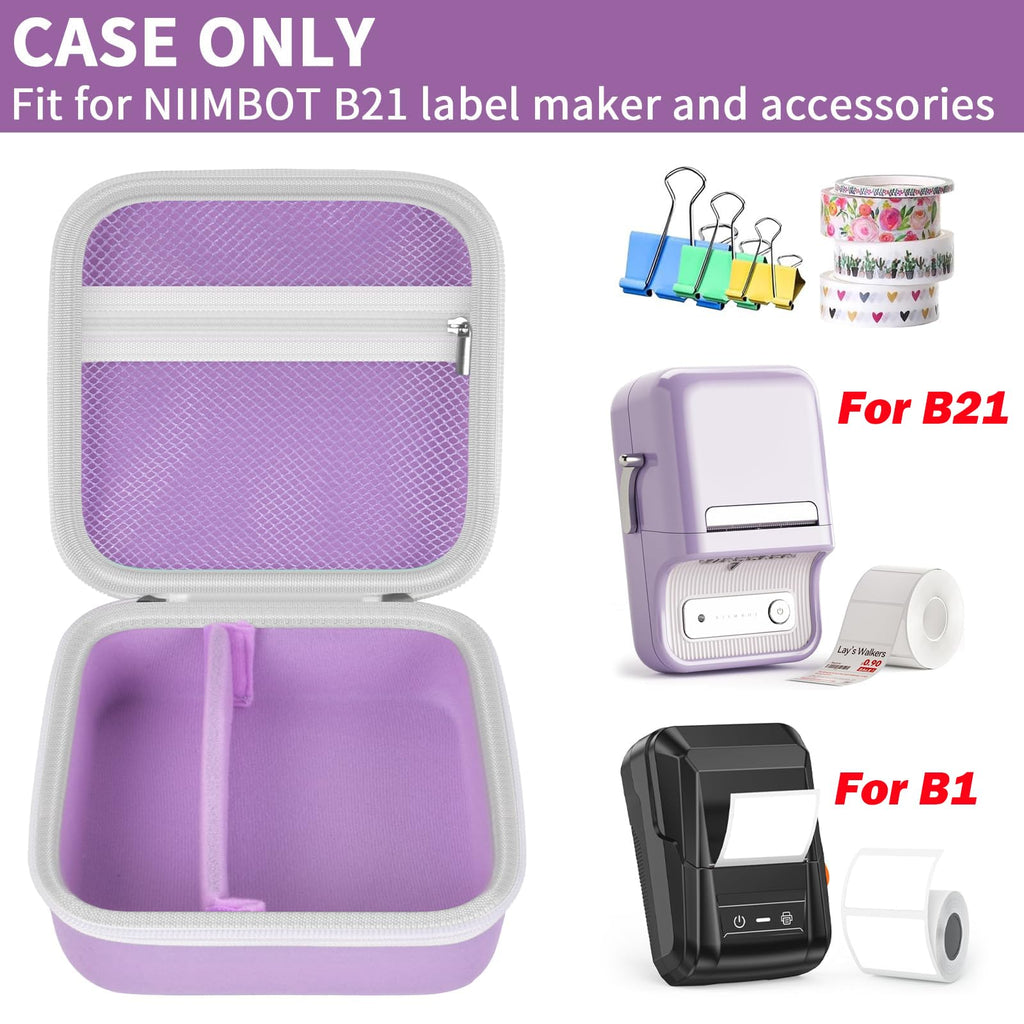 Open purple for NIIMBOT B21 and B1 label maker case with mesh pocket and divided interior; case only