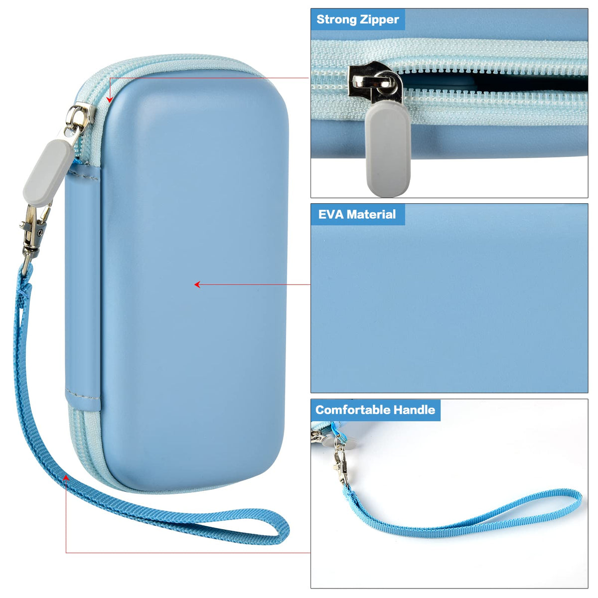 Blue EVA power bank case with strong zipper, protective shell, and comfortable wrist strap