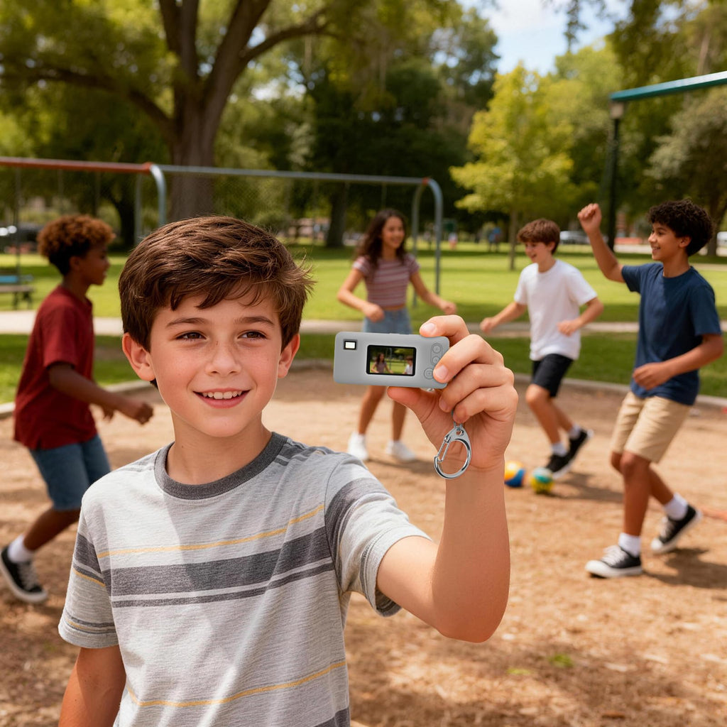 Gray silicone case for Kodak Charmera keychain camera shown with a child using the keychain camera outdoors