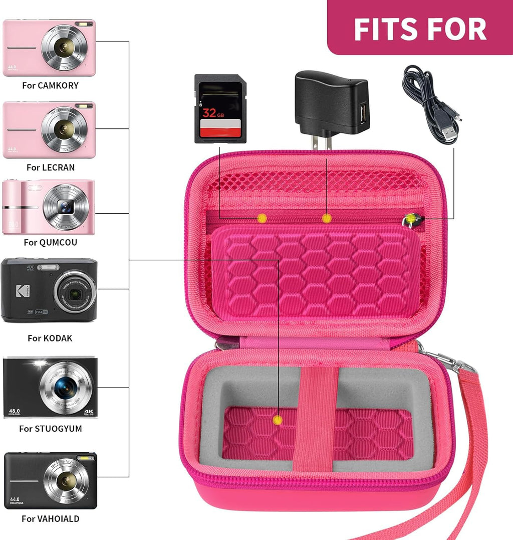Open bright pink compact camera case shown with compatible for Kodak, for Canon, and for Sony cameras