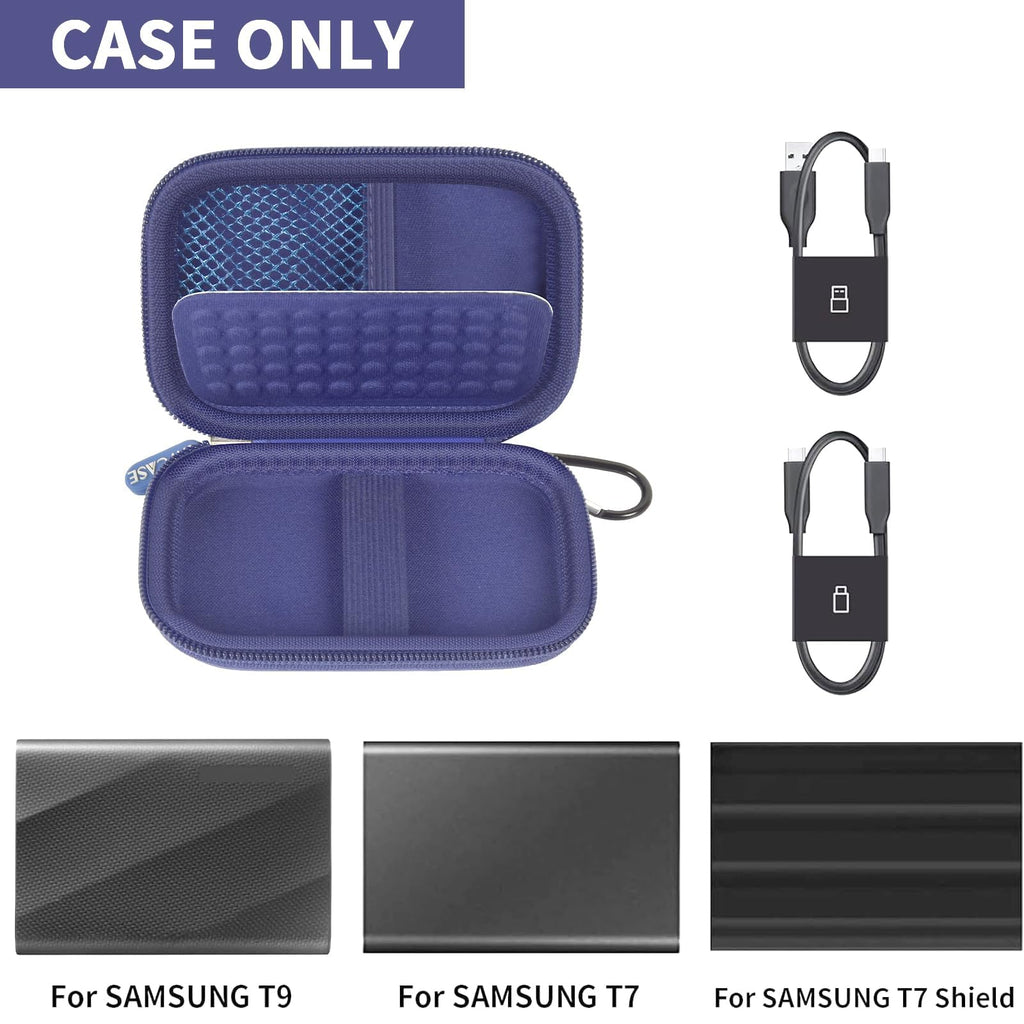 Open blue for Samsung T7 and T9 portable SSD case with mesh pocket and elastic straps; case only