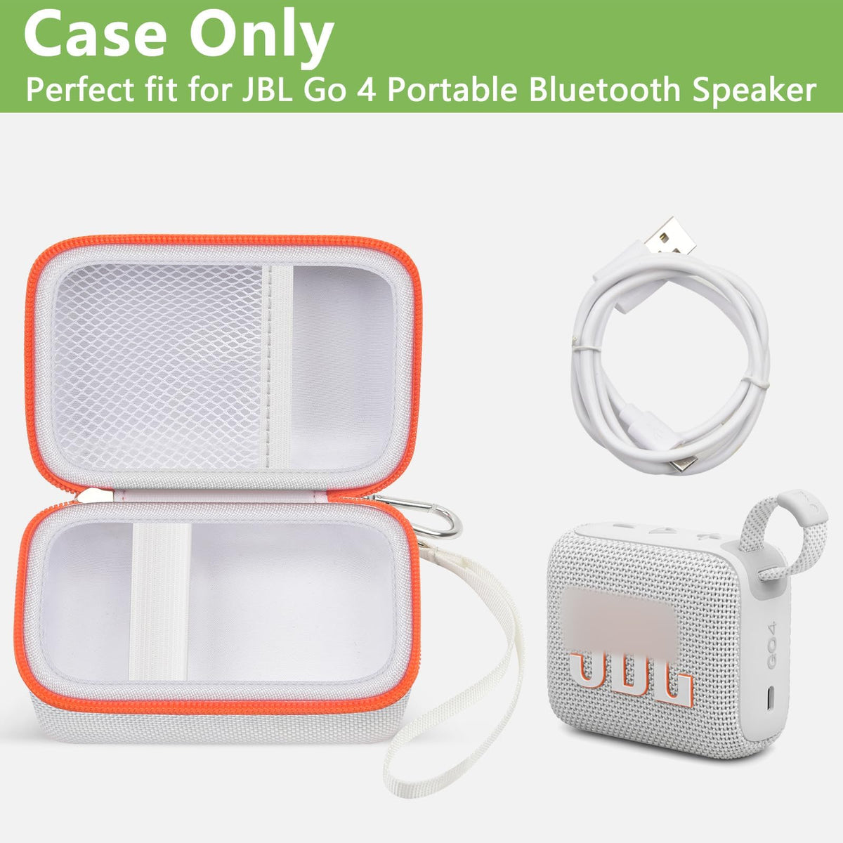 Open white and orange for JBL Go speaker case with mesh cable pocket and elastic retaining strap; case only