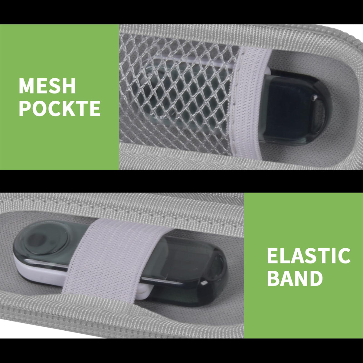 Gray USB flash drive and SD card storage case mesh pocket and elastic strap interior