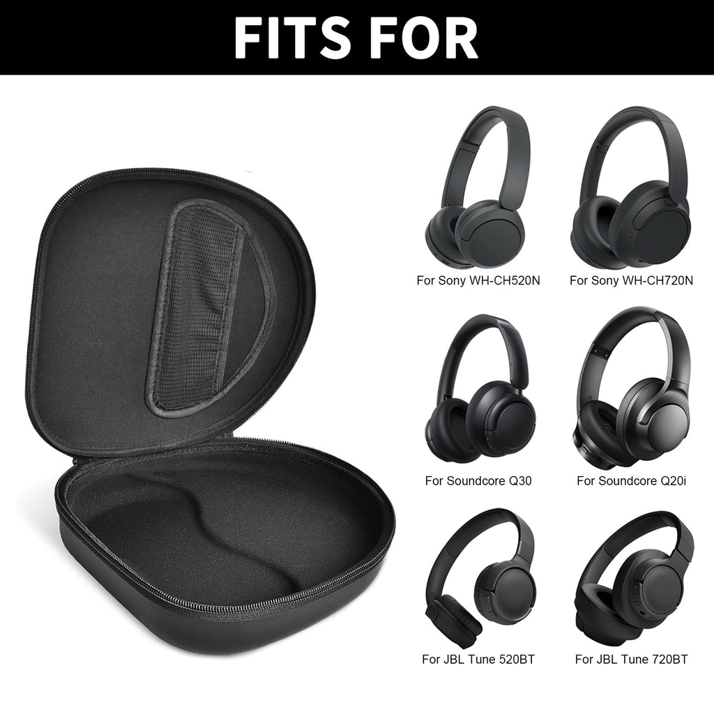 Open black headphone case shown with compatible for Sony and for JBL over-ear headphones
