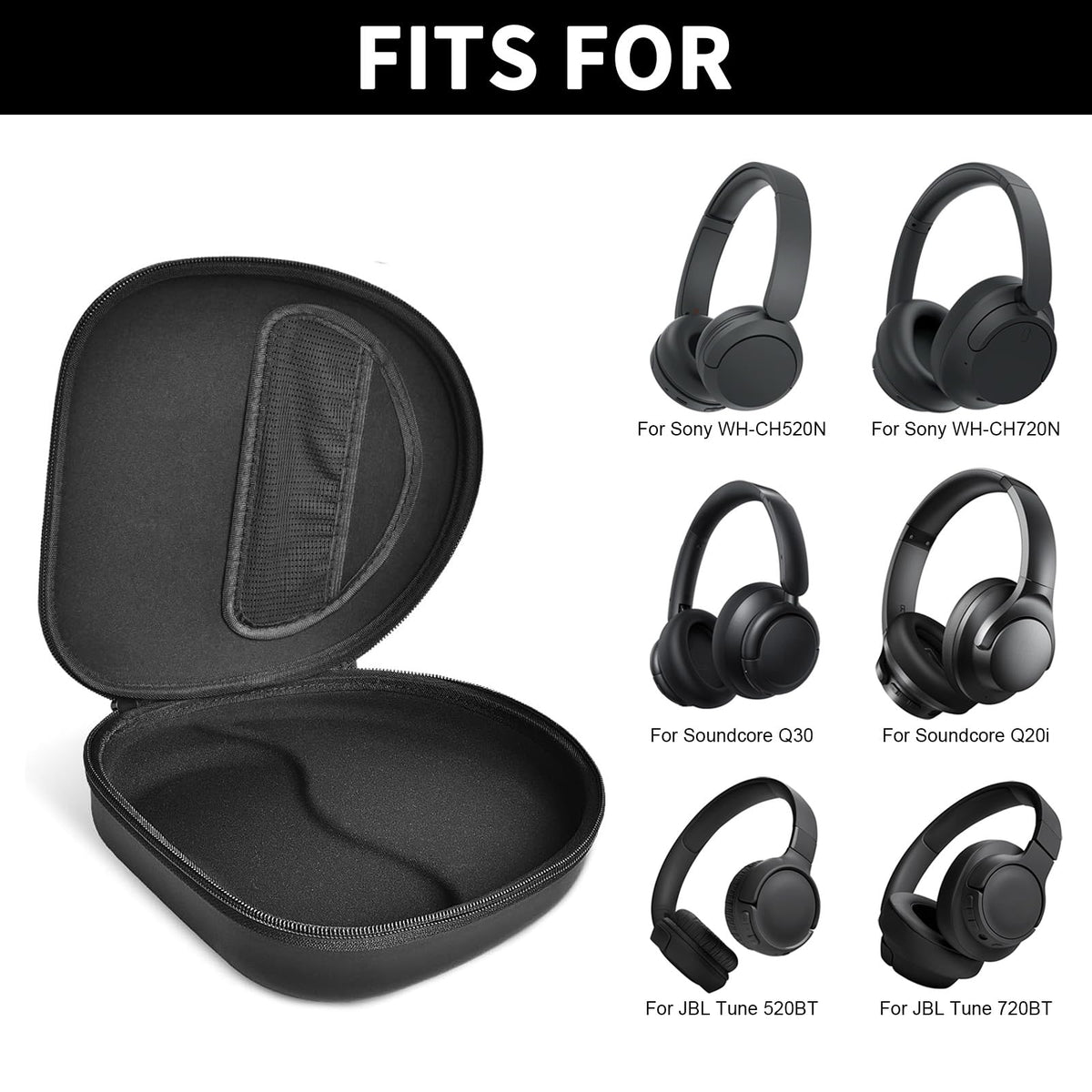 Open black headphone case shown with compatible for Sony and for JBL over-ear headphones