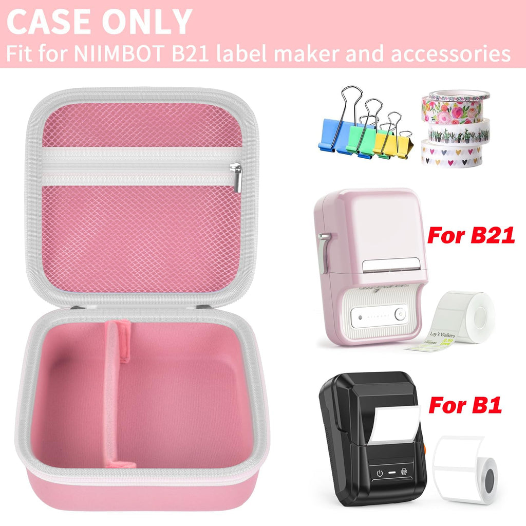 Open pink for NIIMBOT B21 and B1 label maker case with mesh pocket and divided interior; case only