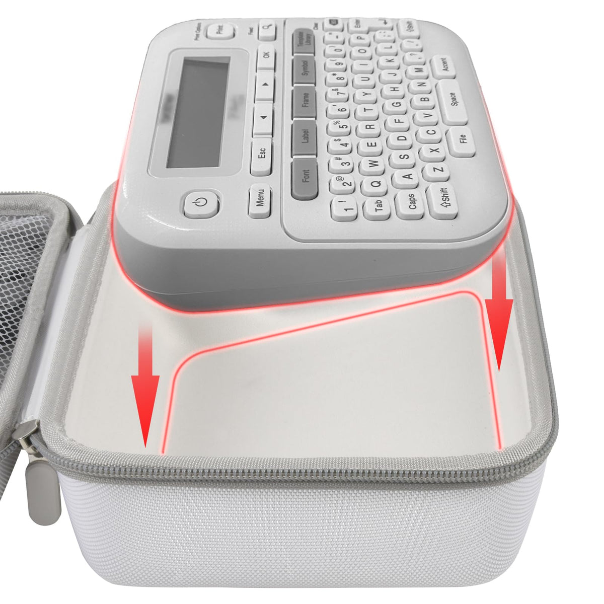 for P-touch label maker fitted inside the gray carrying case