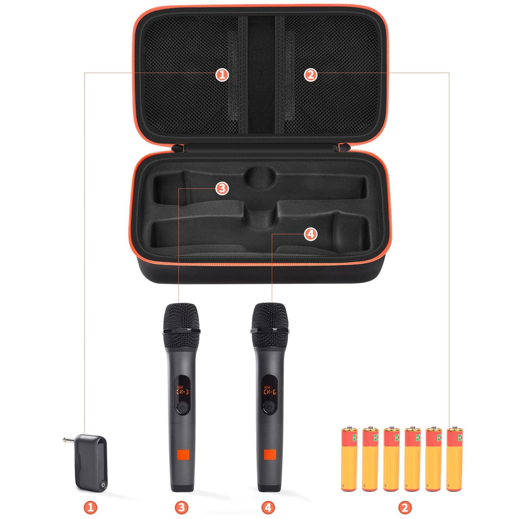 Open black and orange for JBL PartyBox wireless microphone case with dual mic compartments and battery storage