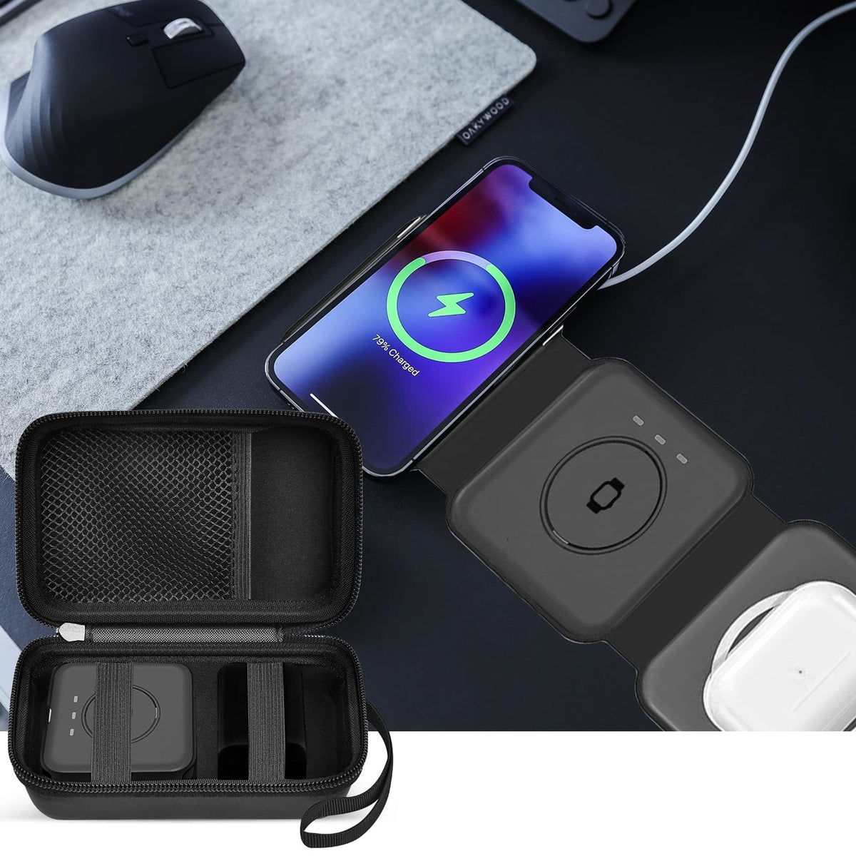 Open black organizer beside a foldable magnetic charging station in use on a desk