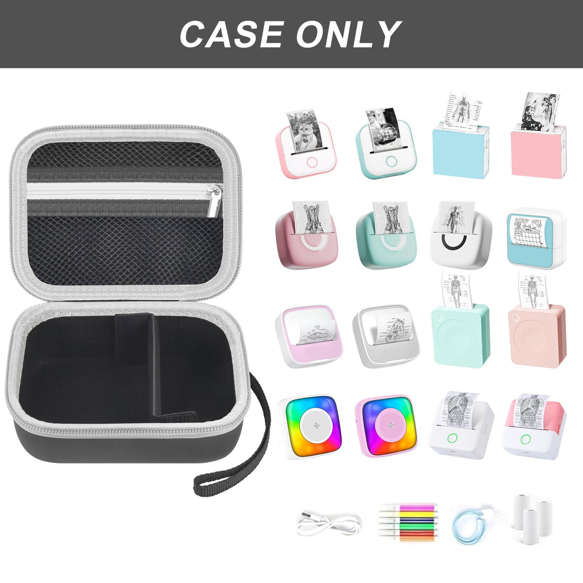 Open black mini label printer case shown with compatible for Memoking and for Phomemo printers; case only