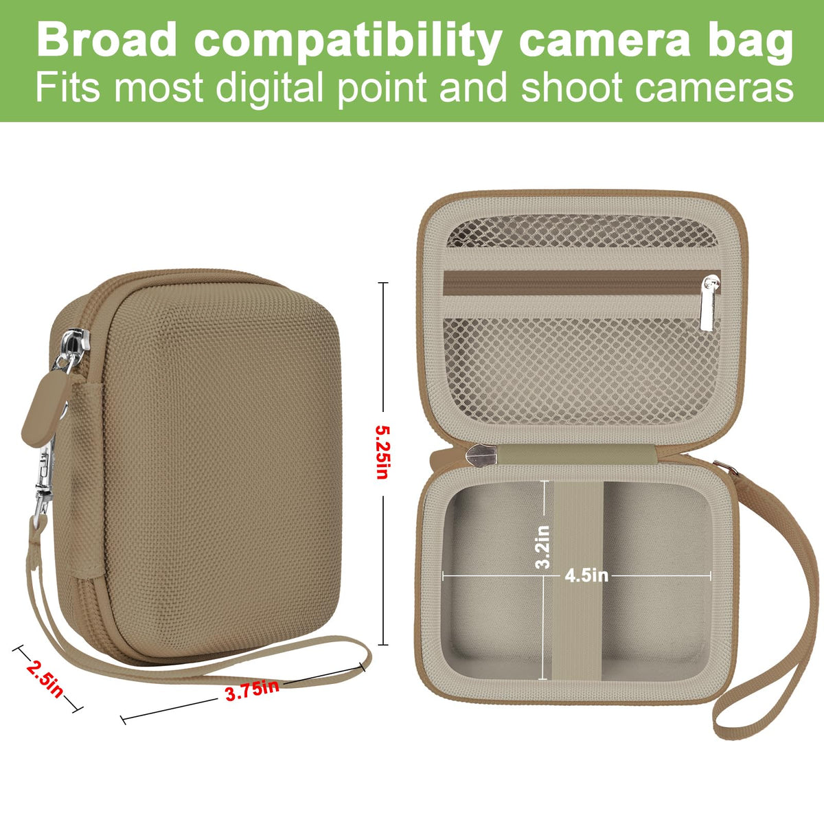 Khaki protective digital camera case compatibility and interior dimensions overview
