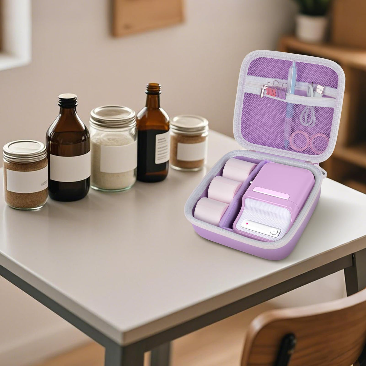 Person carrying the purple for NIIMBOT label maker case by its top handle