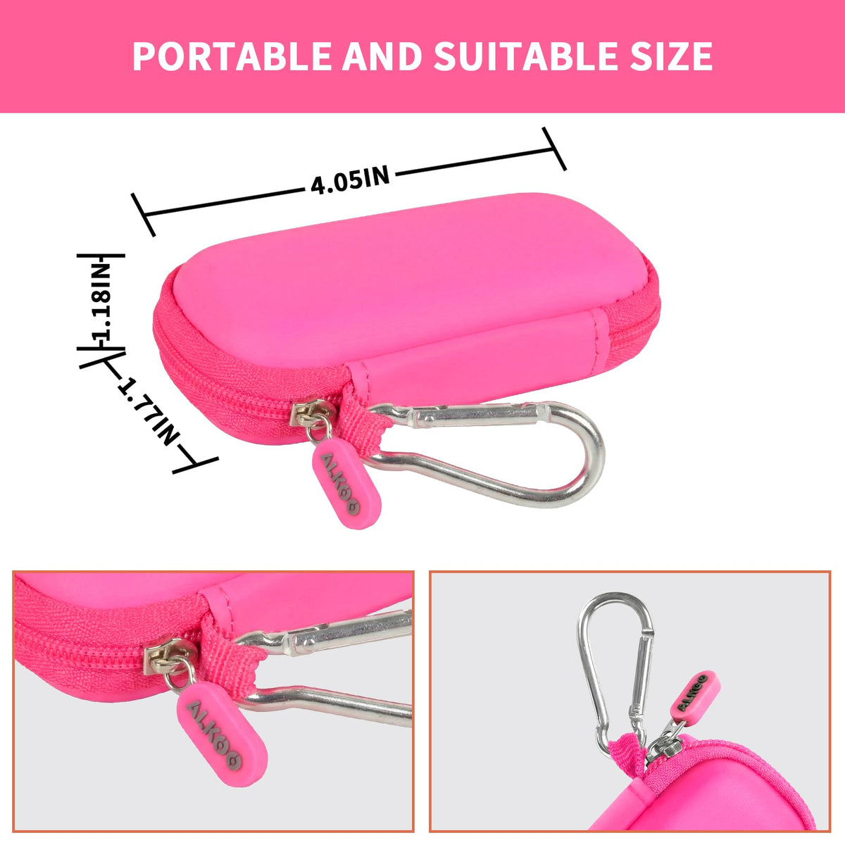 Hot pink USB flash drive and SD card storage case compact dimensions and carabiner detail