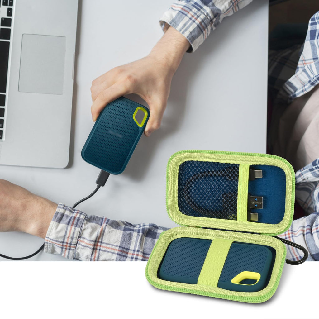 Open navy and green SSD organizer beside a for SanDisk drive connected to a laptop