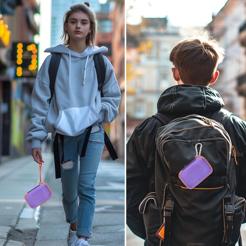 Purple and orange for JBL Go speaker case carried by hand and attached to a backpack