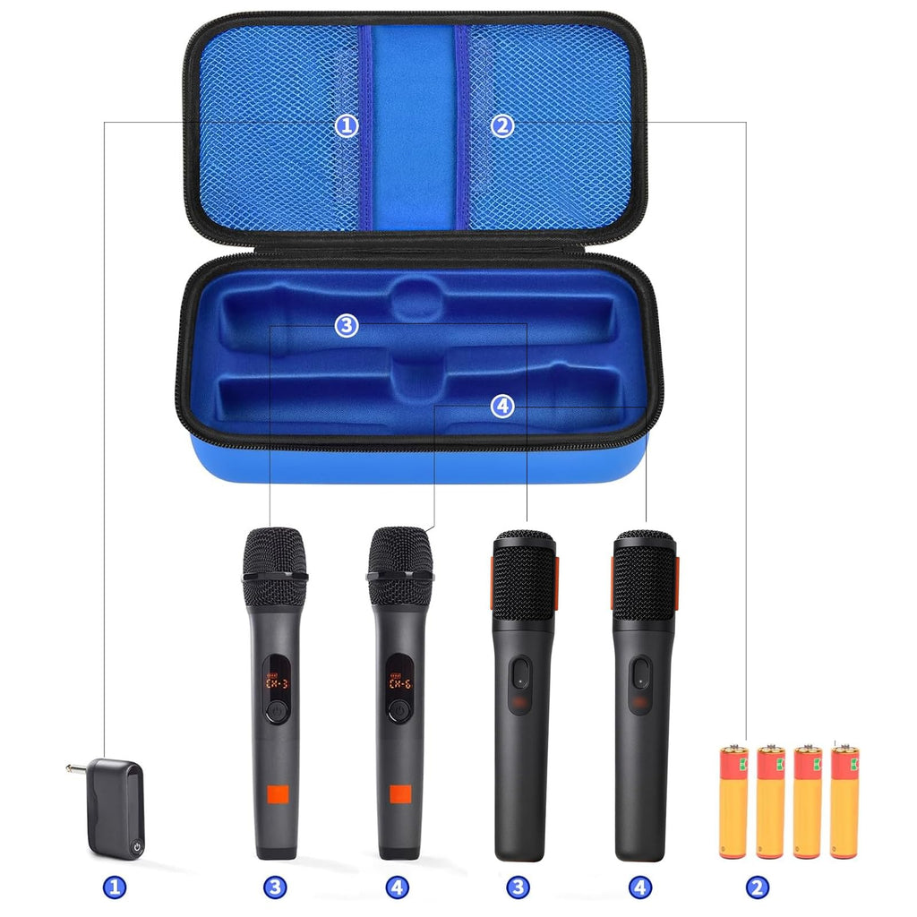 Open blue for JBL PartyBox wireless microphone case with dual mic compartments and battery storage