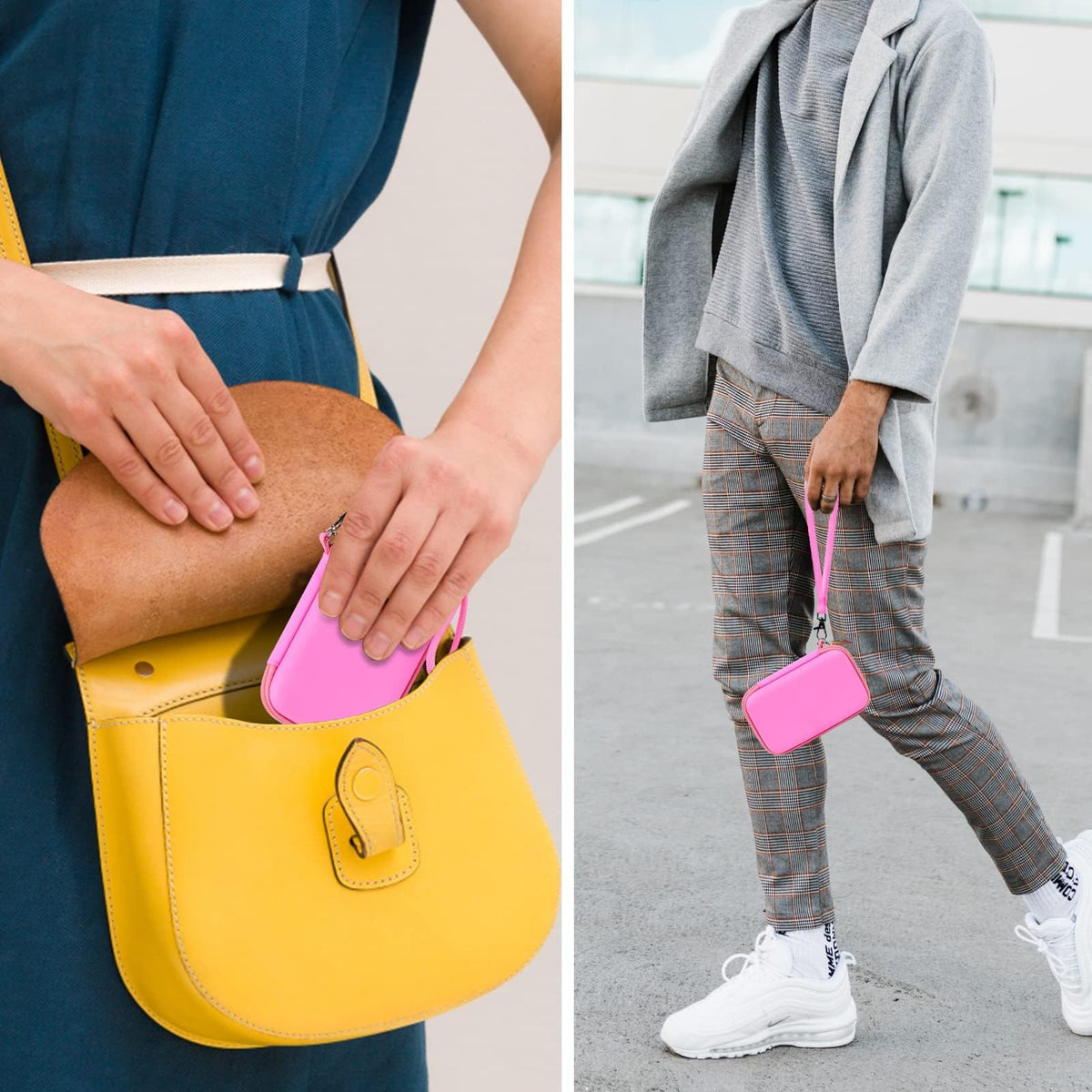 Person packing and carrying the pink charging station case