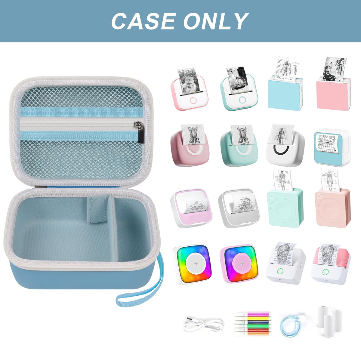 Open blue mini label printer case shown with compatible for Memoking and for Phomemo printers; case only