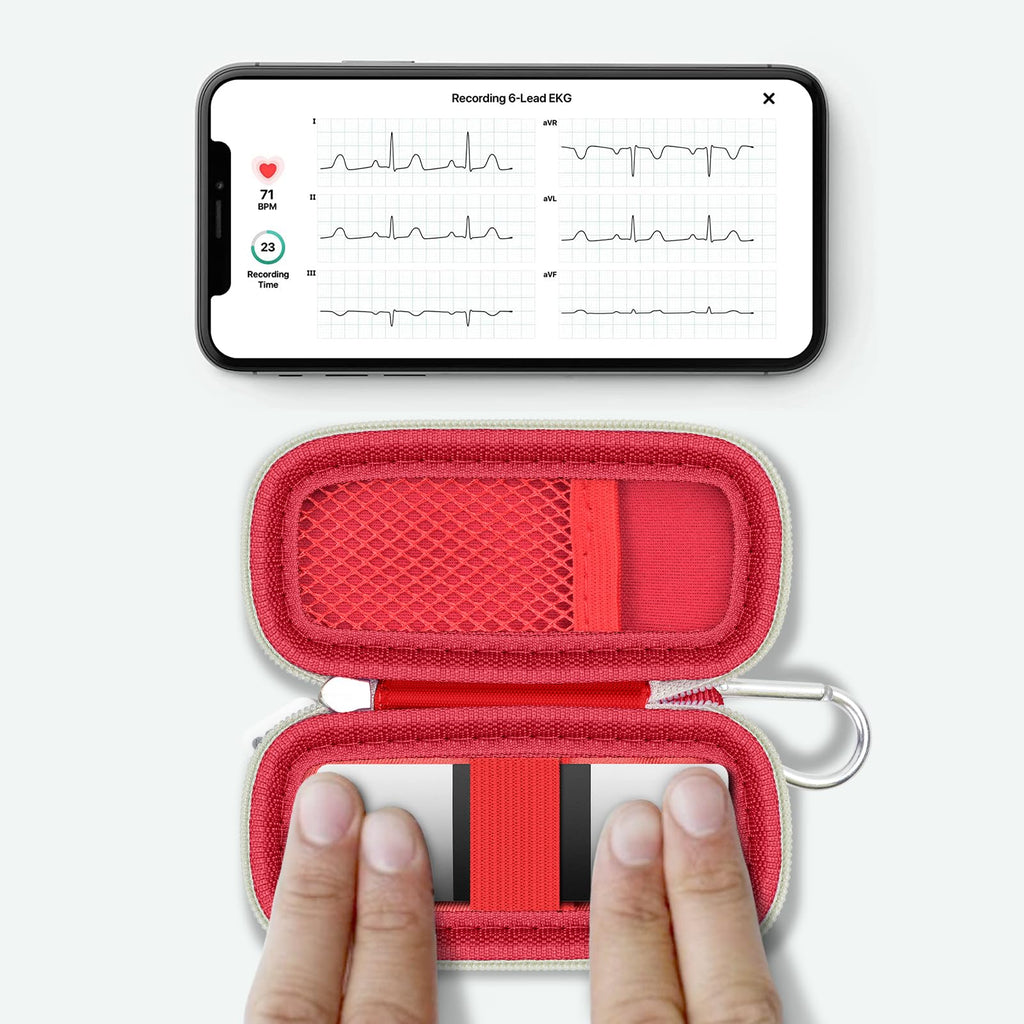 for KardiaMobile 6L device used inside the open red travel case without removal