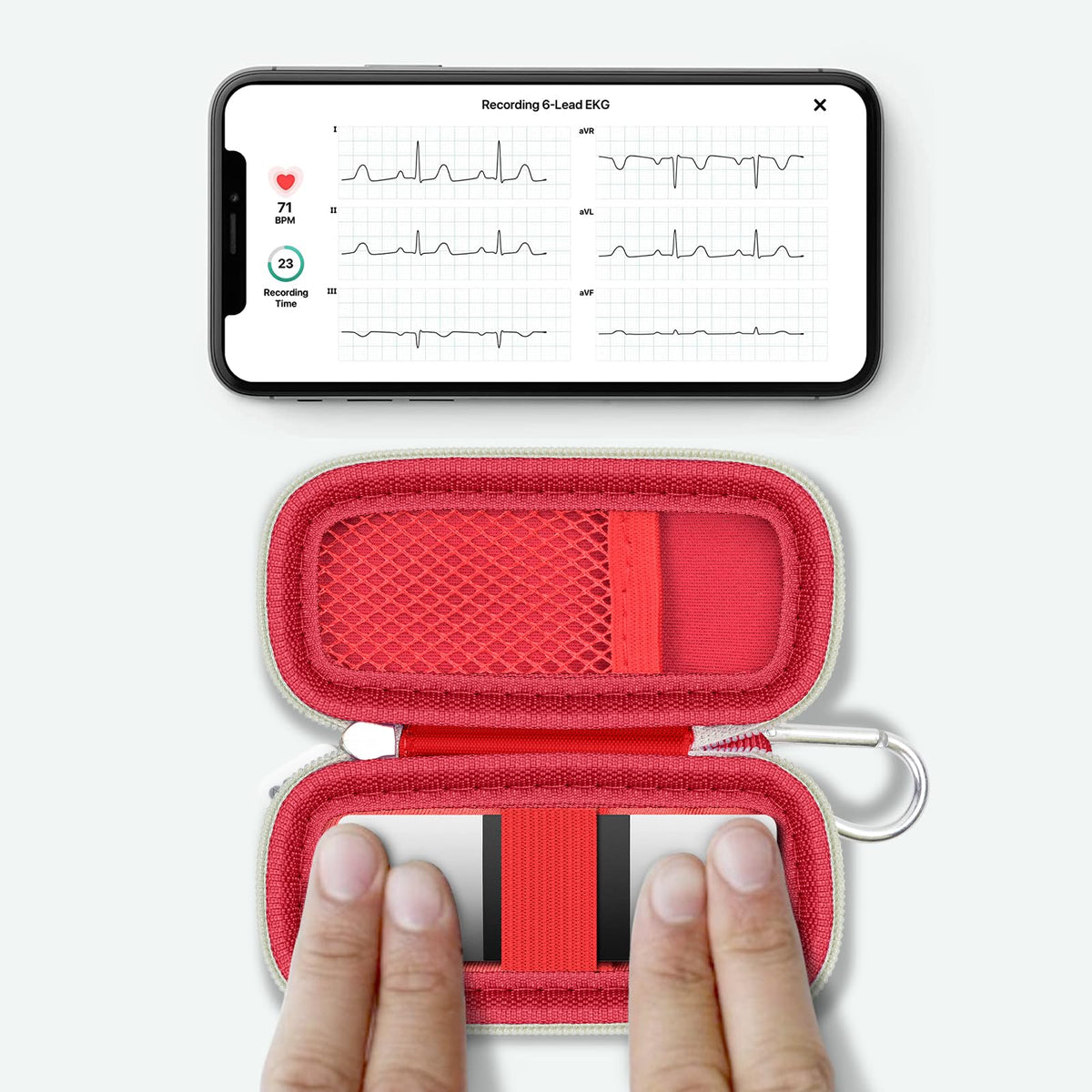 for KardiaMobile 6L device used inside the open red travel case without removal