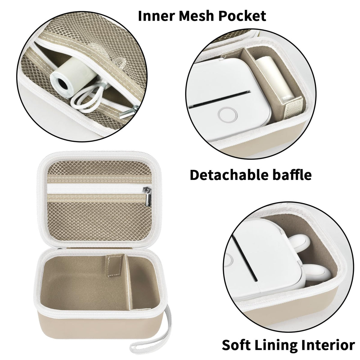 Beige label maker case interior with mesh pocket, removable divider, and soft lining