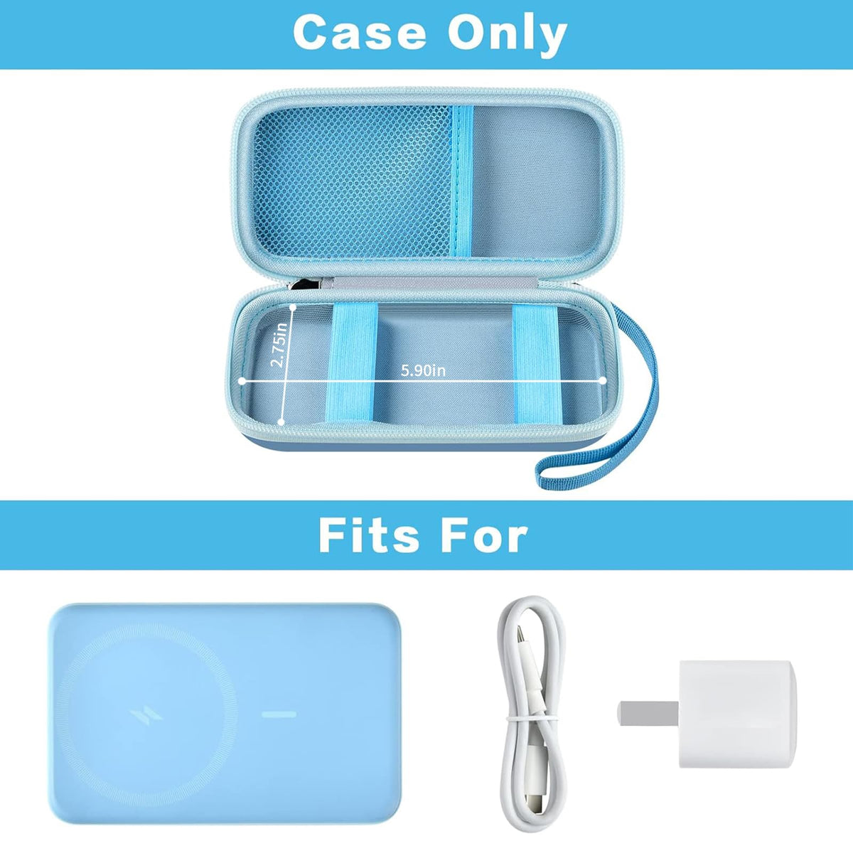 Open blue for MagSafe power bank case with mesh pocket and elastic retaining straps; case only