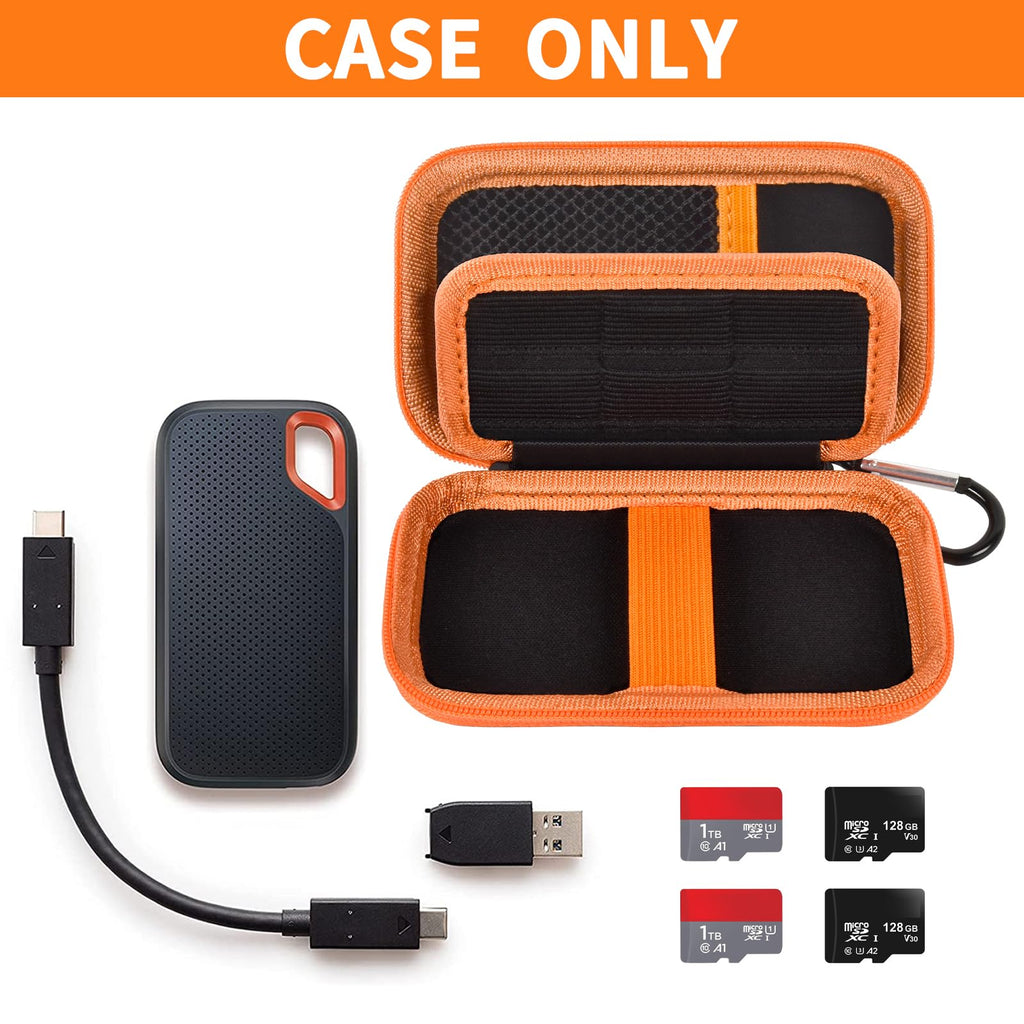 Open black and orange for SanDisk SSD case with cable and memory cards; case only
