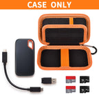 Open black and orange for SanDisk SSD case with cable and memory cards; case only