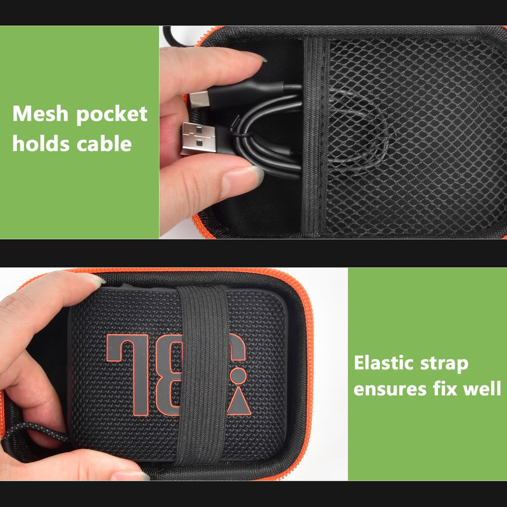 Black and orange speaker case interior with mesh cable pocket and elastic strap holding a for JBL Go speaker