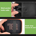 Black and orange speaker case interior with mesh cable pocket and elastic strap holding a for JBL Go speaker
