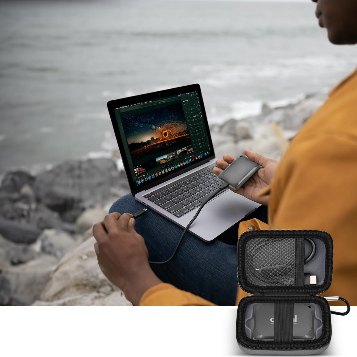 Open gray SSD organizer beside a for Crucial portable drive connected to a laptop