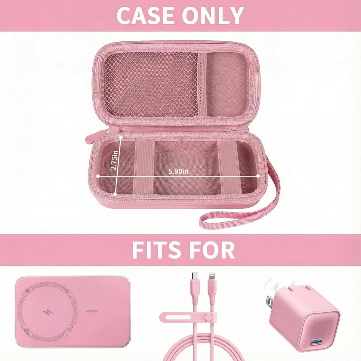 Open pink for MagSafe power bank case with mesh pocket and elastic retaining straps; case only
