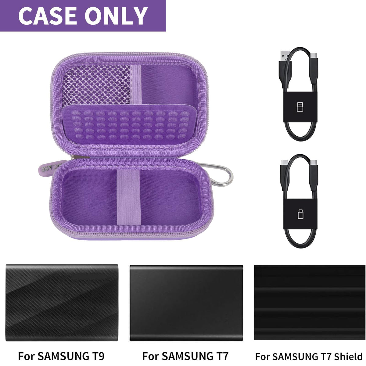 Open purple for Samsung T7 and T9 portable SSD case with mesh pocket and elastic straps; case only