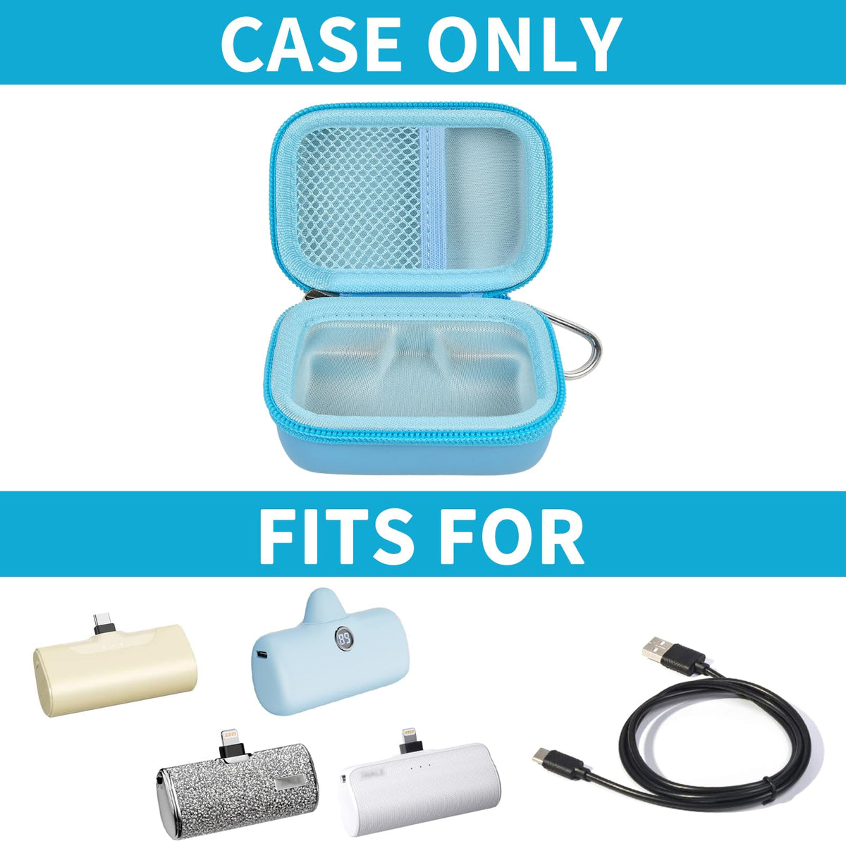 Open blue mini power bank case shown with compatible portable chargers; case only
