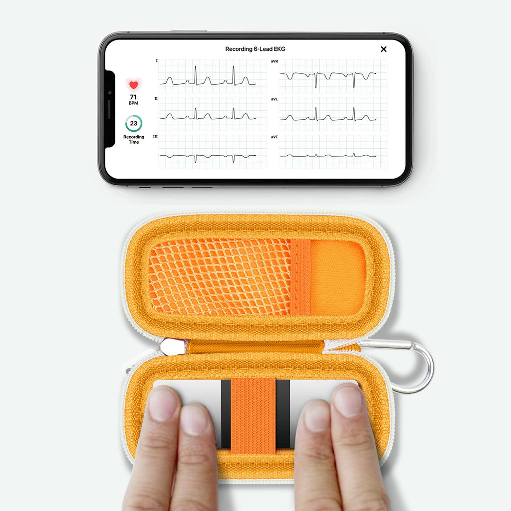 for KardiaMobile 6L device used inside the open orange travel case without removal