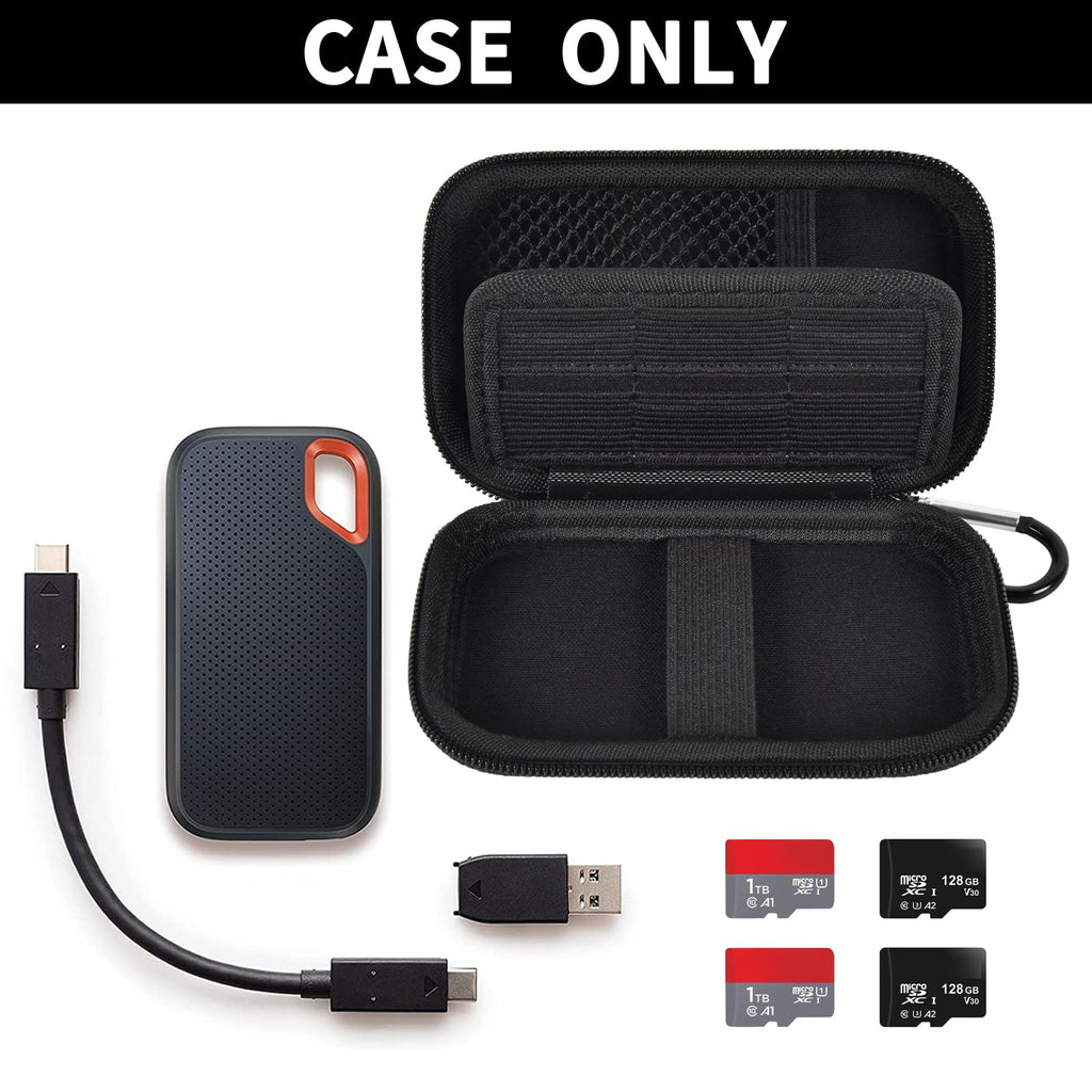 Open black for SanDisk SSD case with portable drive, cable, and memory cards; case only