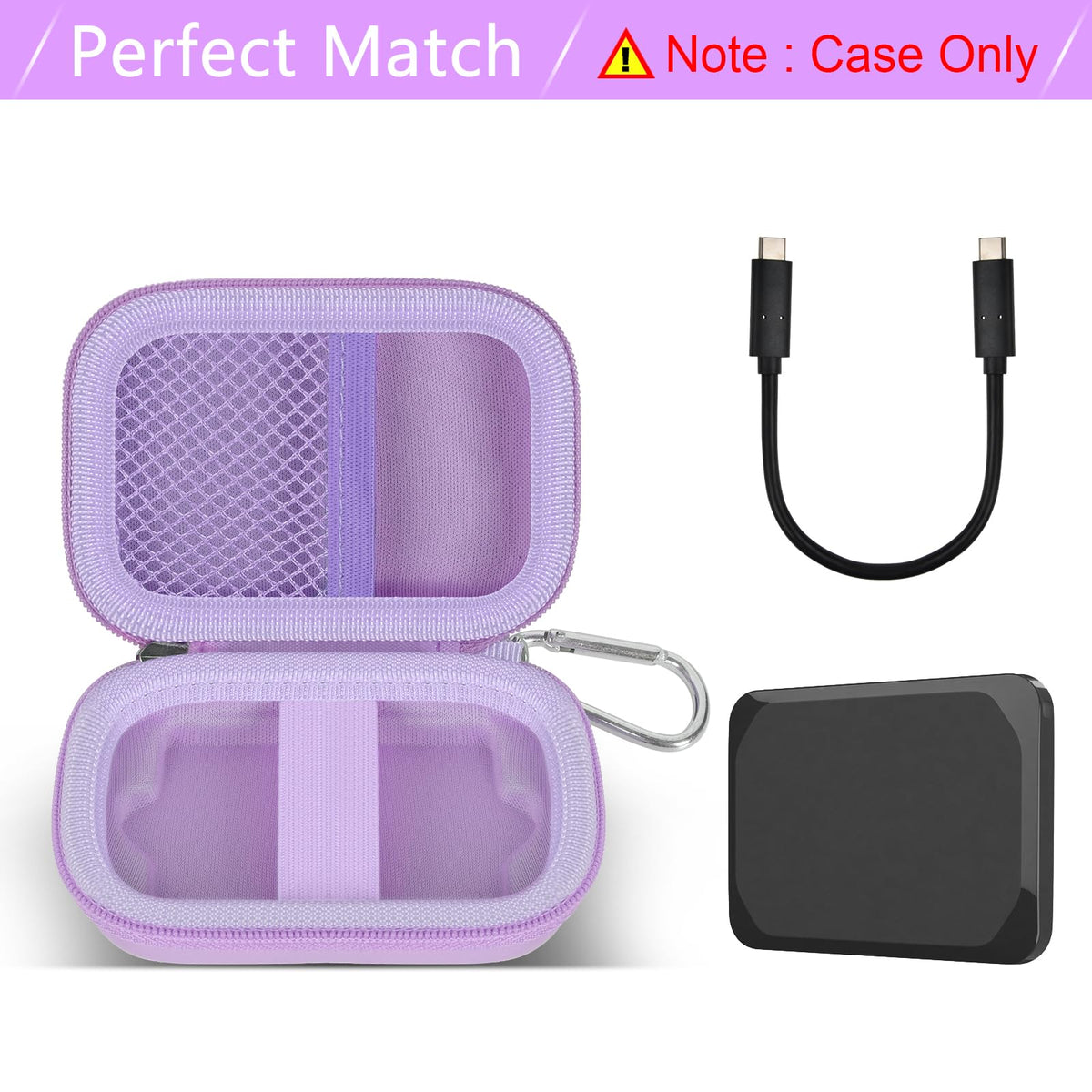Open lavender for Crucial X9 and X10 portable SSD case with mesh cable pocket and elastic strap; case only