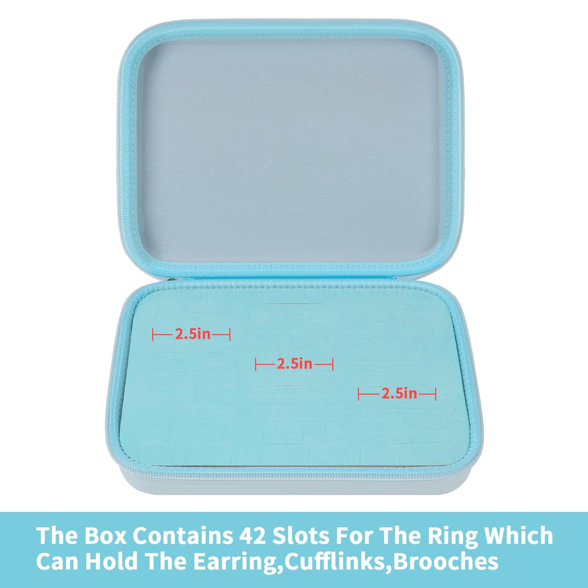 Open blue jewelry organizer showing 42 padded slots for rings and small accessories