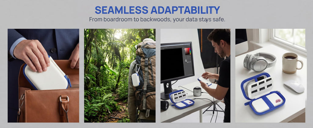 Collage showing the for SanDisk SSD case used at home, outdoors, and while traveling