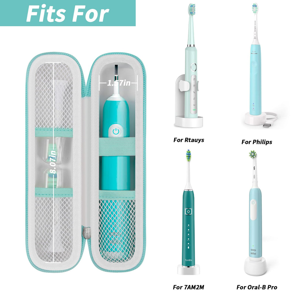 Open white and teal toothbrush case shown with compatible for Oral-B and for Philips Sonicare handles