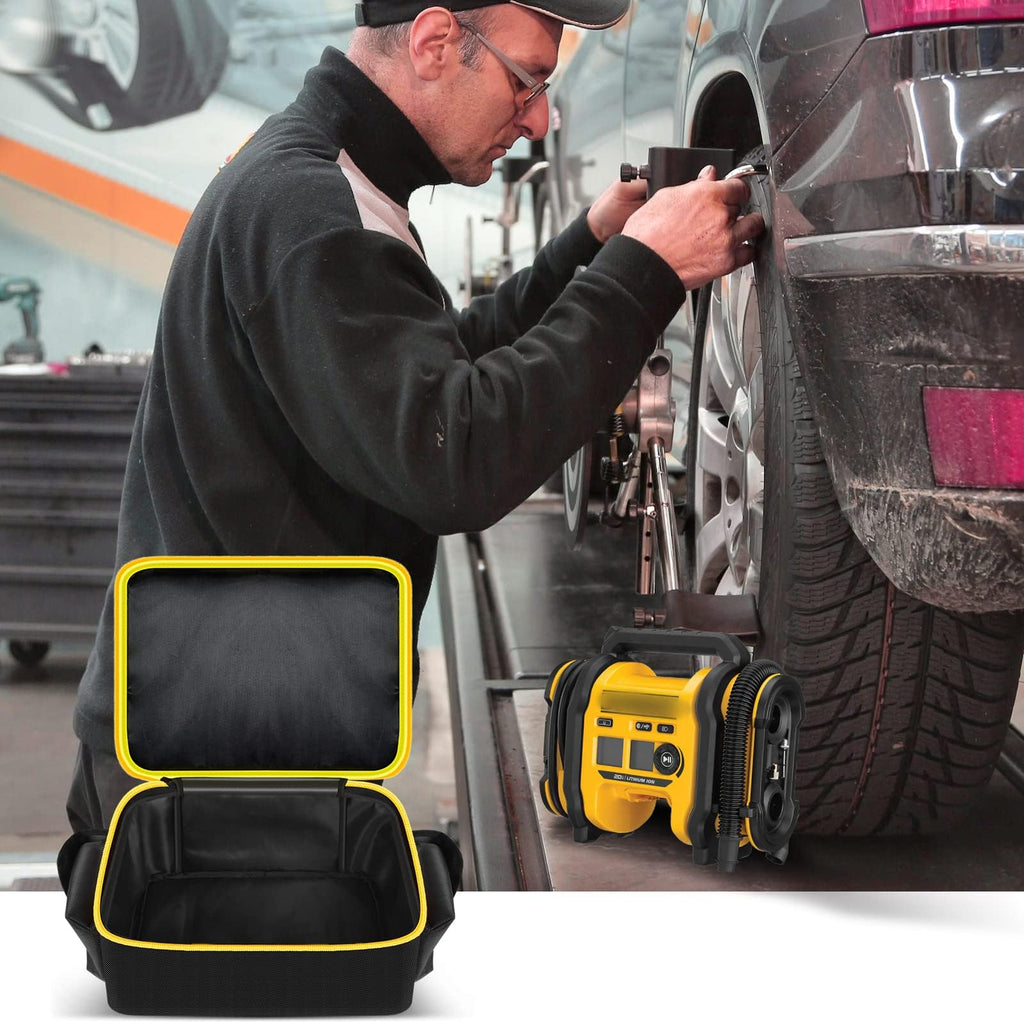 Open black and yellow air compressor bag beside a for DEWALT tire inflator at a vehicle
