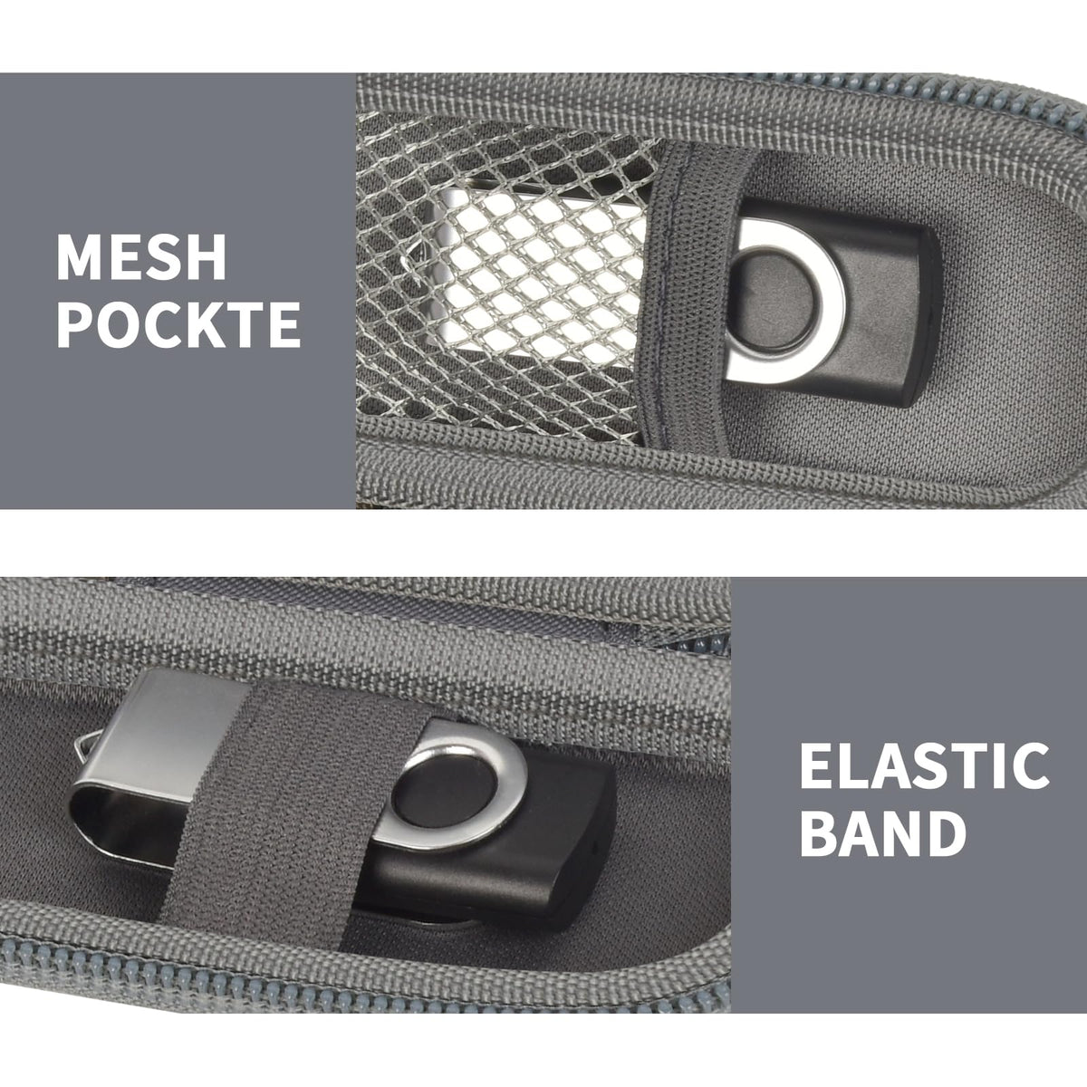 Dark gray USB flash drive and SD card storage case mesh pocket and elastic strap interior